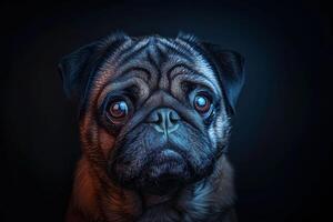 A pug dog with blue eyes on a dark background photo