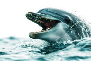 A dolphin with its mouth open and its teeth showing photo