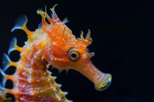 A close up of a sea horse with orange and yellow markings photo