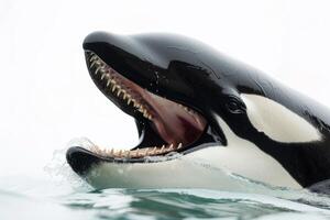 An orca whale with its mouth open and its teeth showing photo
