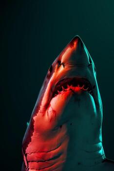 A shark with its mouth open and red eyes photo