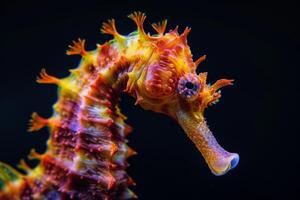 A colorful seahorse with its head turned to the side photo