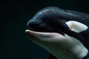 A close up of a killer whale with its mouth open photo
