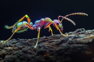 A colorful ant is standing on a log photo