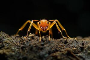 A close up of a red ant on a rock photo