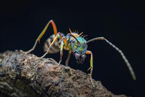 A colorful insect with long legs and long antennae photo