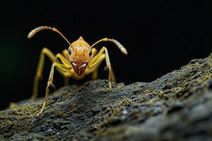 A close up of a yellow ant on a rock photo