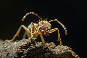An ant with its mouth open on a rock photo