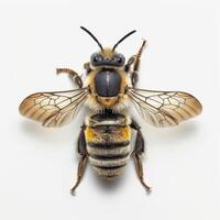 A bee with black and yellow stripes on its back photo