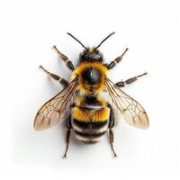 A bee with black and yellow stripes on its back photo