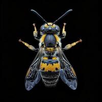 A bee with yellow and black stripes on its back photo