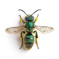 A green and yellow bee on a white background photo