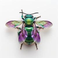 A green and purple bee with wings photo