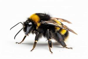 A bee with yellow and black stripes on its back photo