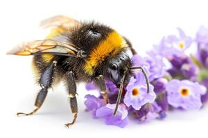 A bee is standing on a purple flower photo