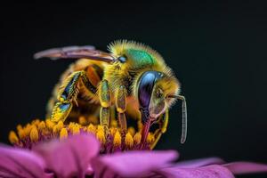 A bee on a flower with a black background photo