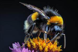 A bee with yellow and black stripes on it photo