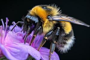 A bee is sitting on a purple flower photo