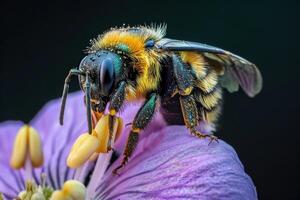 A bee on a purple flower with black background photo