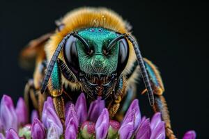 A bee with green eyes and black stripes on its body photo