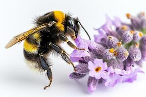 A bee is standing on a purple flower photo