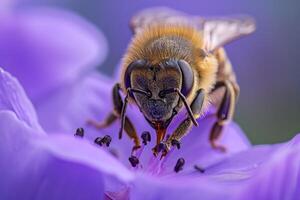 Bee on purple flower with black background photo