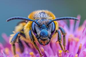 A bee with blue eyes and black and yellow stripes photo