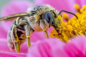 A bee on a pink flower with yellow and black markings photo