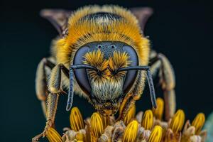 A bee with a black and yellow face on a flower photo