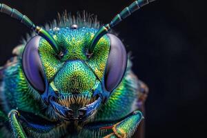 A close up of a green and blue insect photo