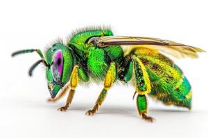 A green and yellow bee with a white background photo