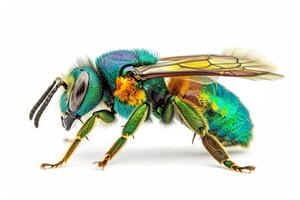 A bee with colorful wings and a green body photo