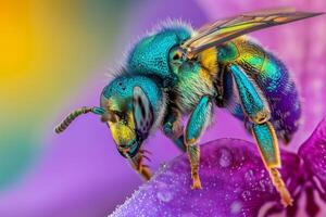 A bee with blue and yellow wings is sitting on a purple flower photo