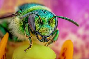 A close up of a green bee on a flower photo