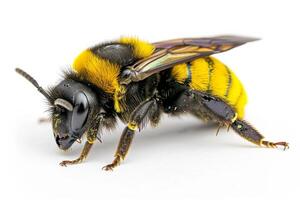 A bee with yellow and black stripes on its back photo