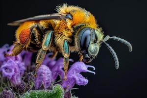 A bee with bright colors on it's head photo