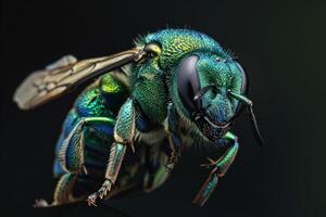 A close up of a green and blue bee photo