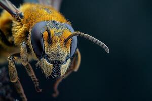 A close up of a bee with a black background photo