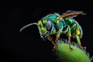 A close up of a green and yellow bee photo