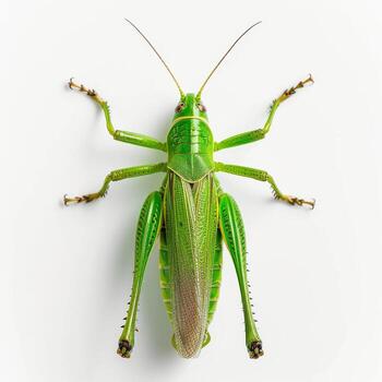 A green grasshopper on a white background photo