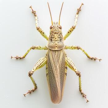 A grasshopper is standing on a white surface photo