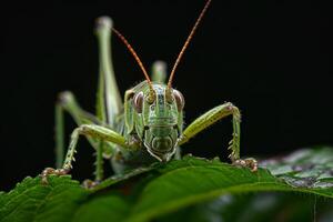 A grasshopper is sitting on a leaf photo