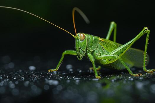 A green grasshopper on a black background photo