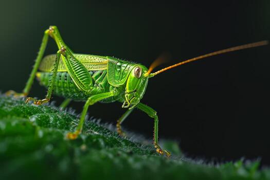 A green grasshopper is standing on a leaf photo