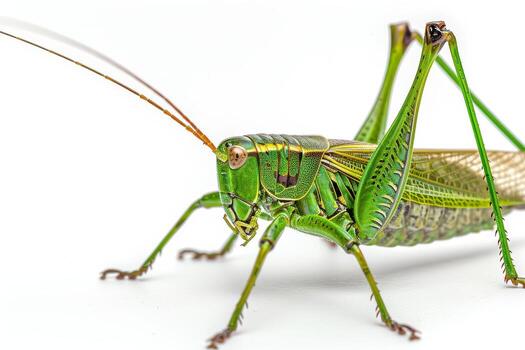 A green grasshopper on a white background photo