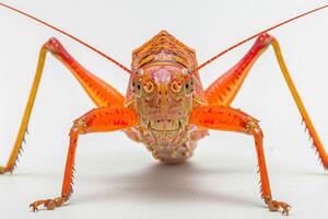 A close up of a red grasshopper photo