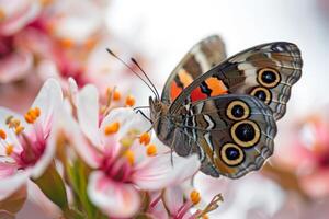 A butterfly is sitting on a flower with pink flowers photo