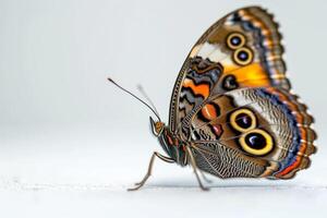 A butterfly with orange and blue wings on a white background photo