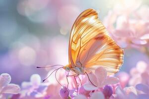 A butterfly is sitting on top of some purple flowers photo