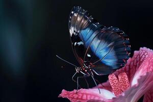 A blue butterfly is sitting on a pink flower photo